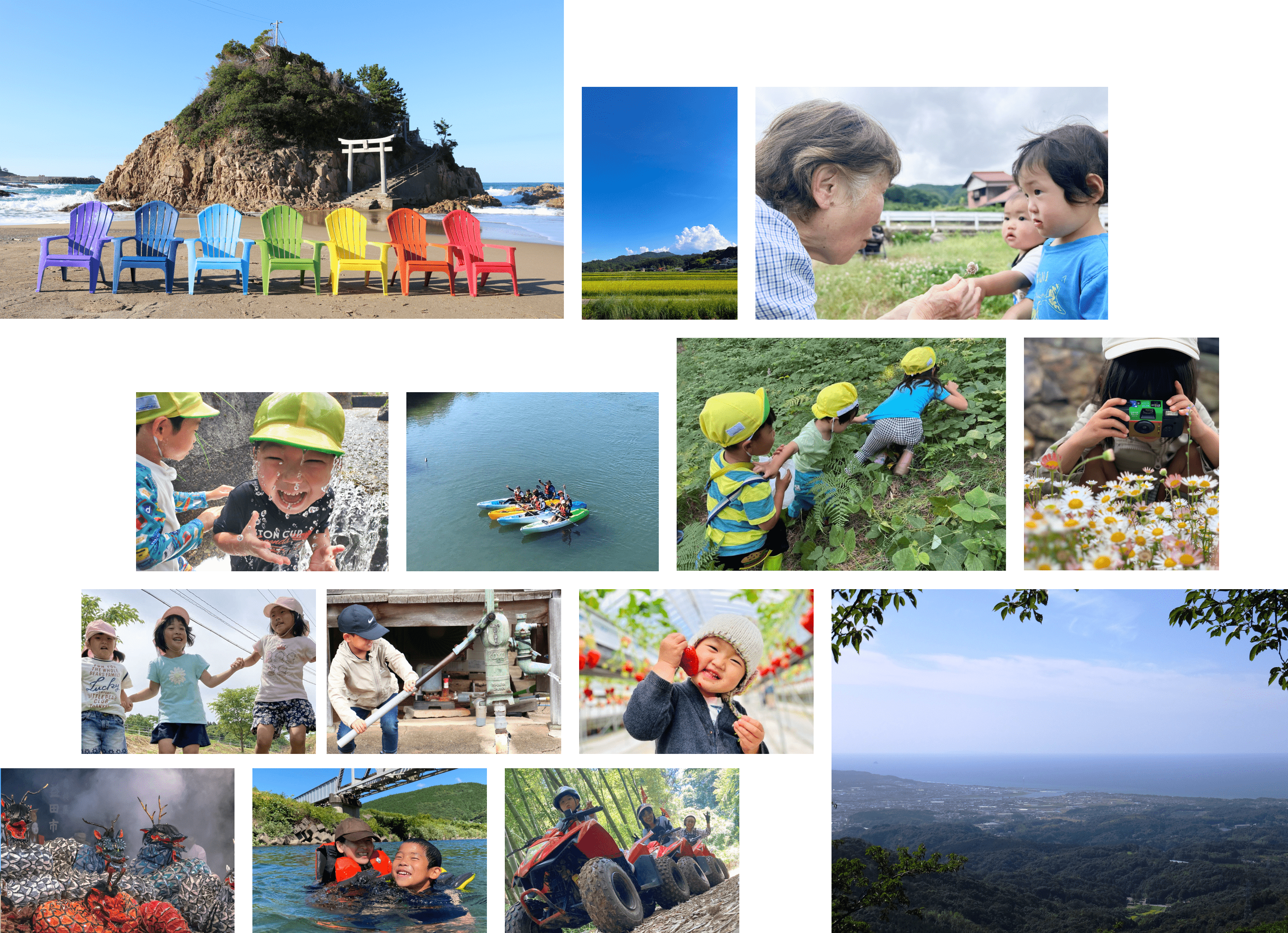 自然と人々の暮らしのシーンを集めたコラージュ。家族や子供たちが山や川で楽しむ姿、田んぼの風景、自然観察やアウトドア活動をしている様子が描かれている。