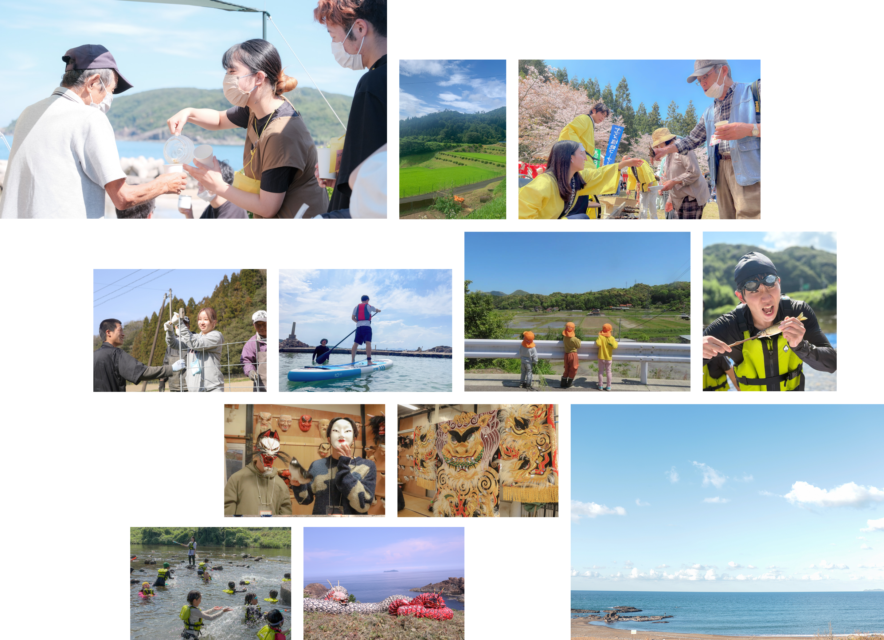 自然と人々の暮らしのシーンを集めたコラージュ。家族や子どもたちが山や川で楽しむ姿、田んぼの風景、自然観察やアウトドア活動をしている様子が描かれている。